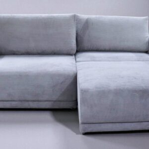 Kampinė pilka sofa lova su patalynės dėže